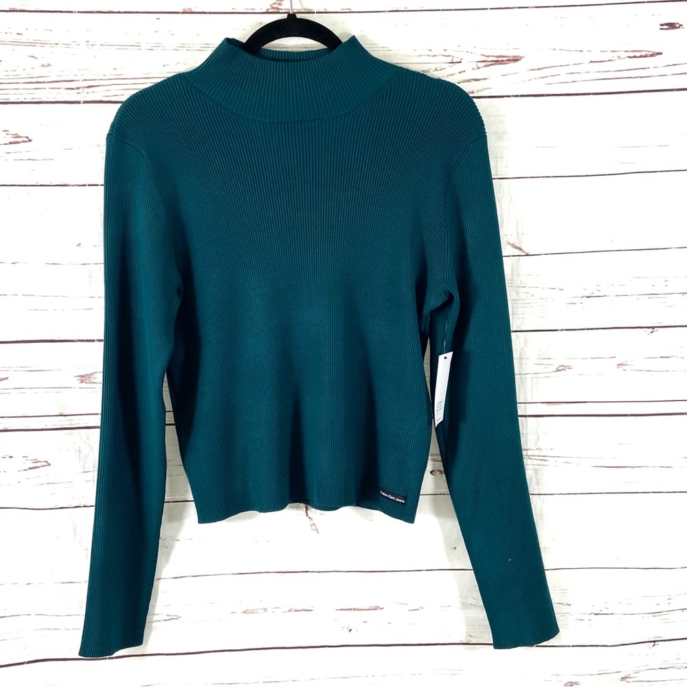 Calvin Klein Jeans Sweater Women’s XL Green High Neck‎ Ribbed Pullover